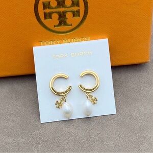 Tory Burch Gold Hoop Earrings with Pearl Charms